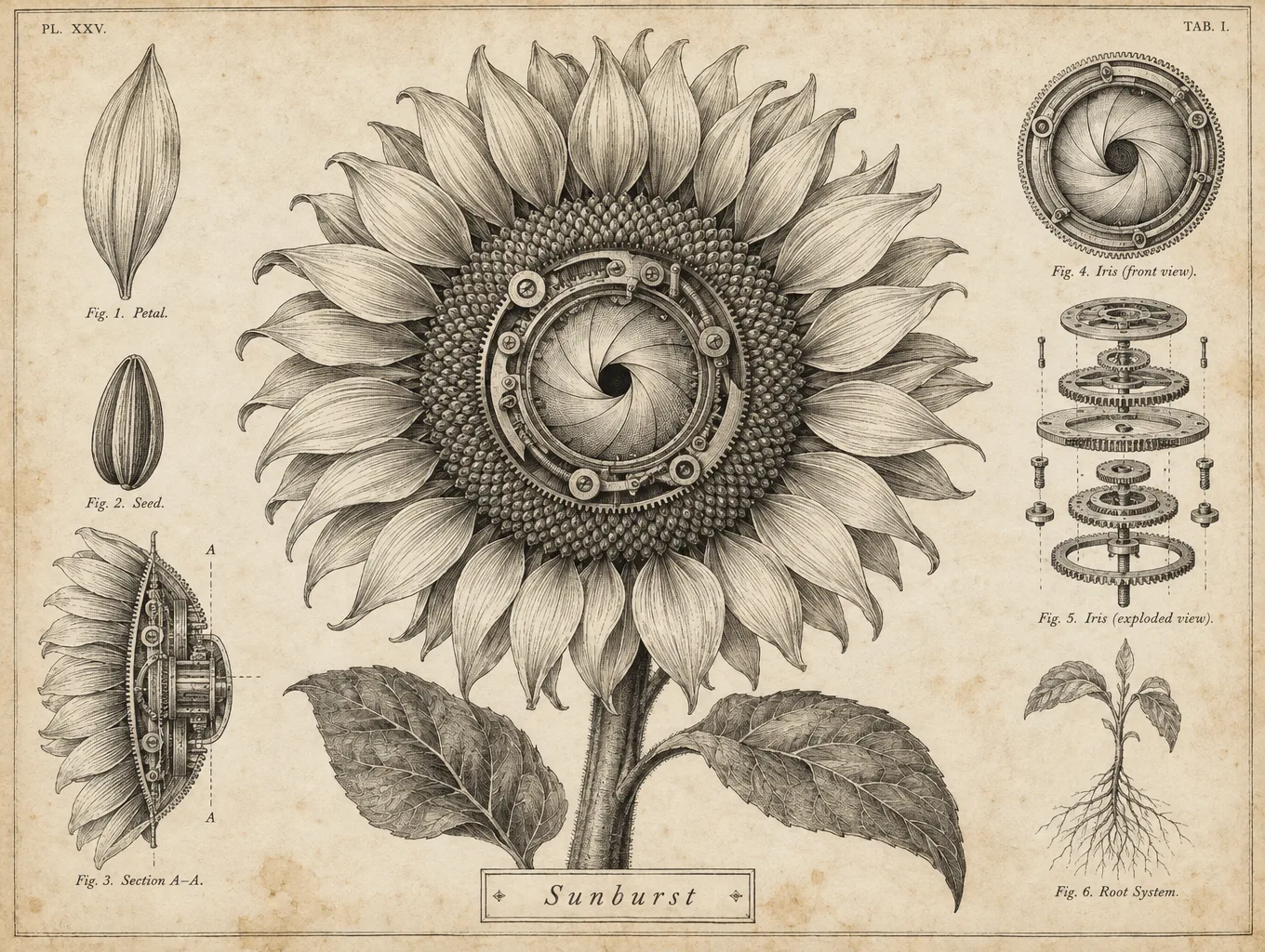 GPT Image 2.5 Sunburst self-portrait, engraved botanical plate