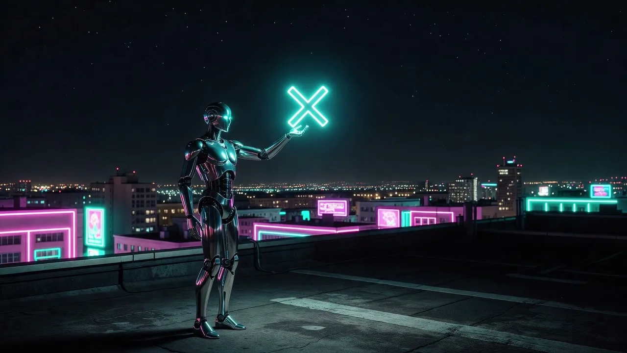 Grok Imagine Video 1.5 self-portrait, synthwave rooftop