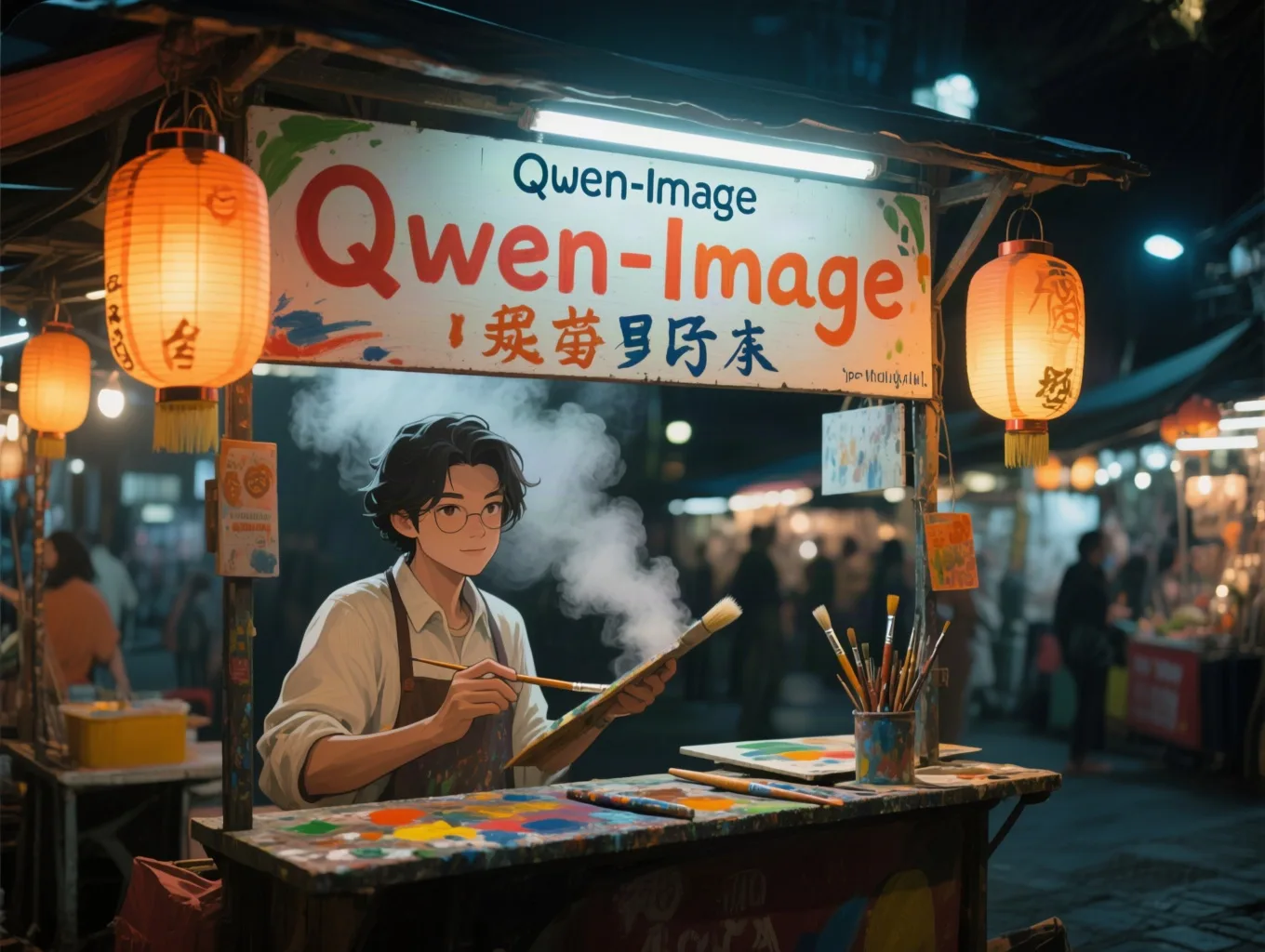 Qwen-Image self-portrait, bilingual shop sign