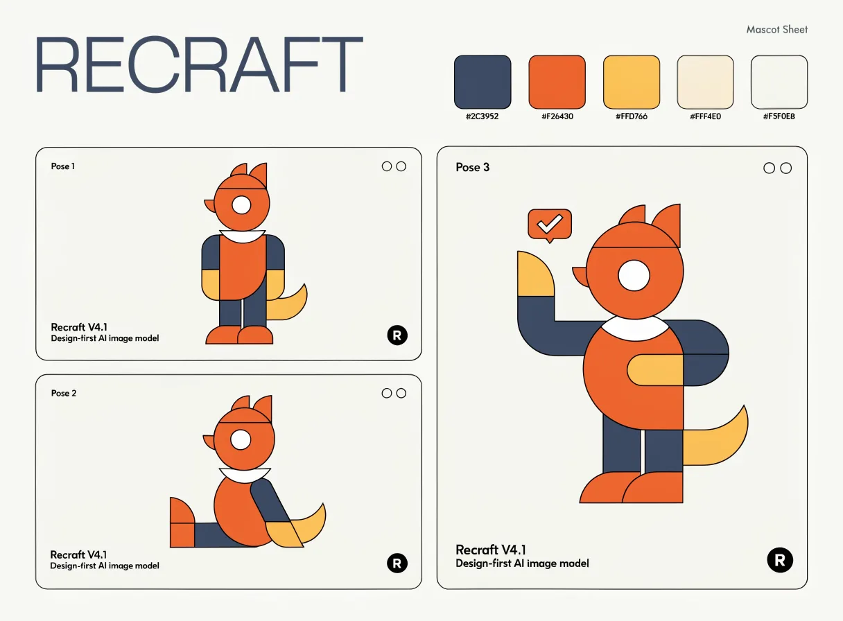 Recraft V4.1 self-portrait, flat vector brand sheet
