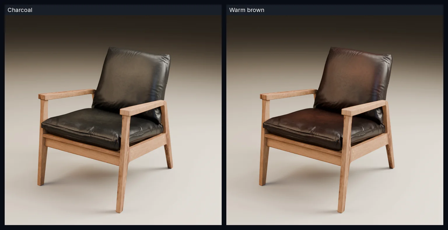 Identically framed chair renders compare charcoal upholstery with a warmer brown material while the wood and geometry remain unchanged.
