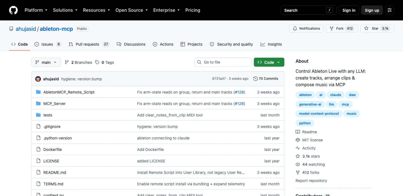 The ahujasid/ableton-mcp repository on GitHub: 3.1k stars, 412 forks, 70 commits, 19 contributors, MIT licence, two folders named AbletonMCP_Remote_Script and MCP_Server, and a TERMS.md file describing telemetry.