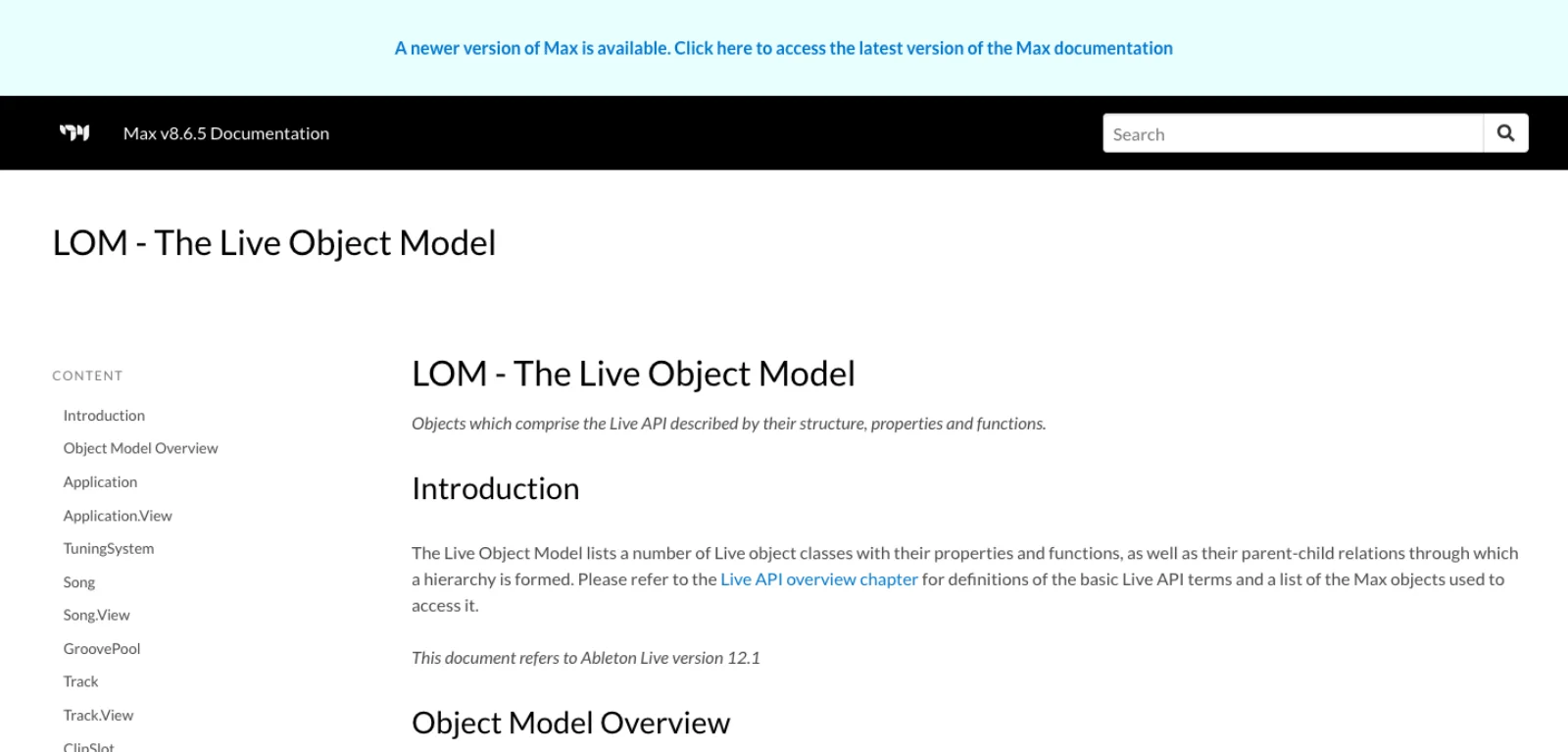 Cycling '74's LOM, The Live Object Model page: an introduction describing the Live object classes, their properties and functions and parent-child relations, a note that the document refers to Ableton Live version 12.1, and a table of contents listing Application, Song, Track, ClipSlot, Clip, Device and more.