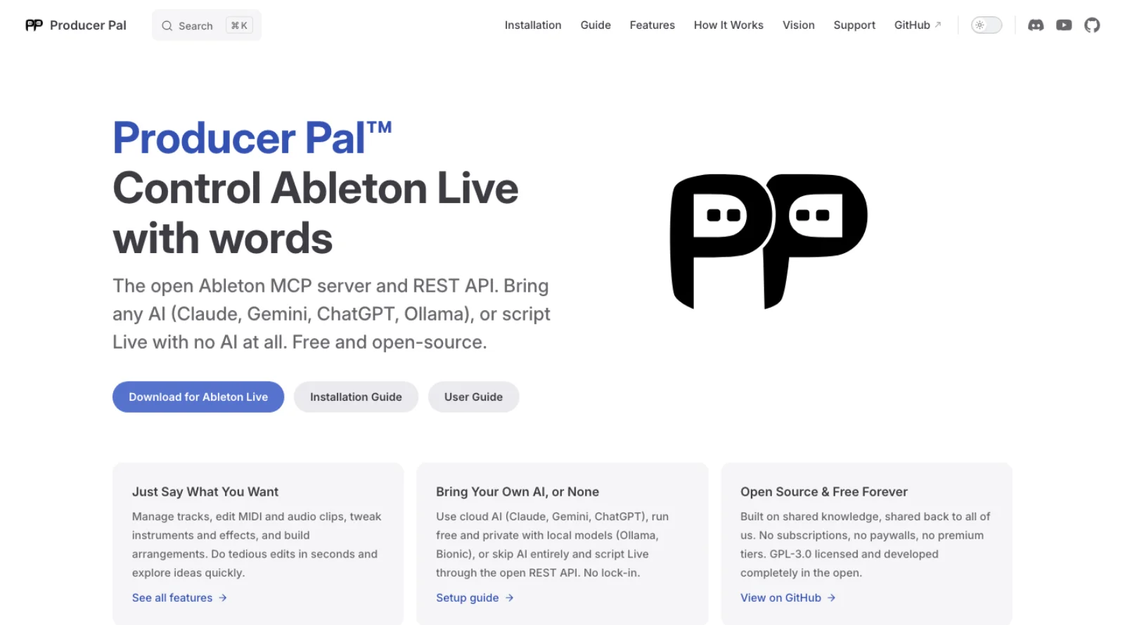 The Producer Pal website: Control Ableton Live with words, the open Ableton MCP server and REST API, works with Claude, Gemini, ChatGPT and Ollama, free and open source, with buttons to download the Max for Live device, a Claude Desktop extension and npx producer-pal.
