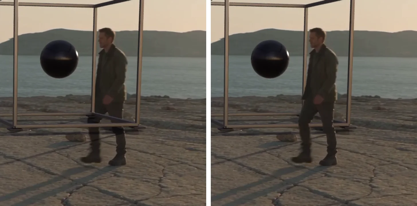 Two close-ups of the same frame: on the left the cube's bottom bar crosses over the walking man's legs; on the right his legs pass in front of it.