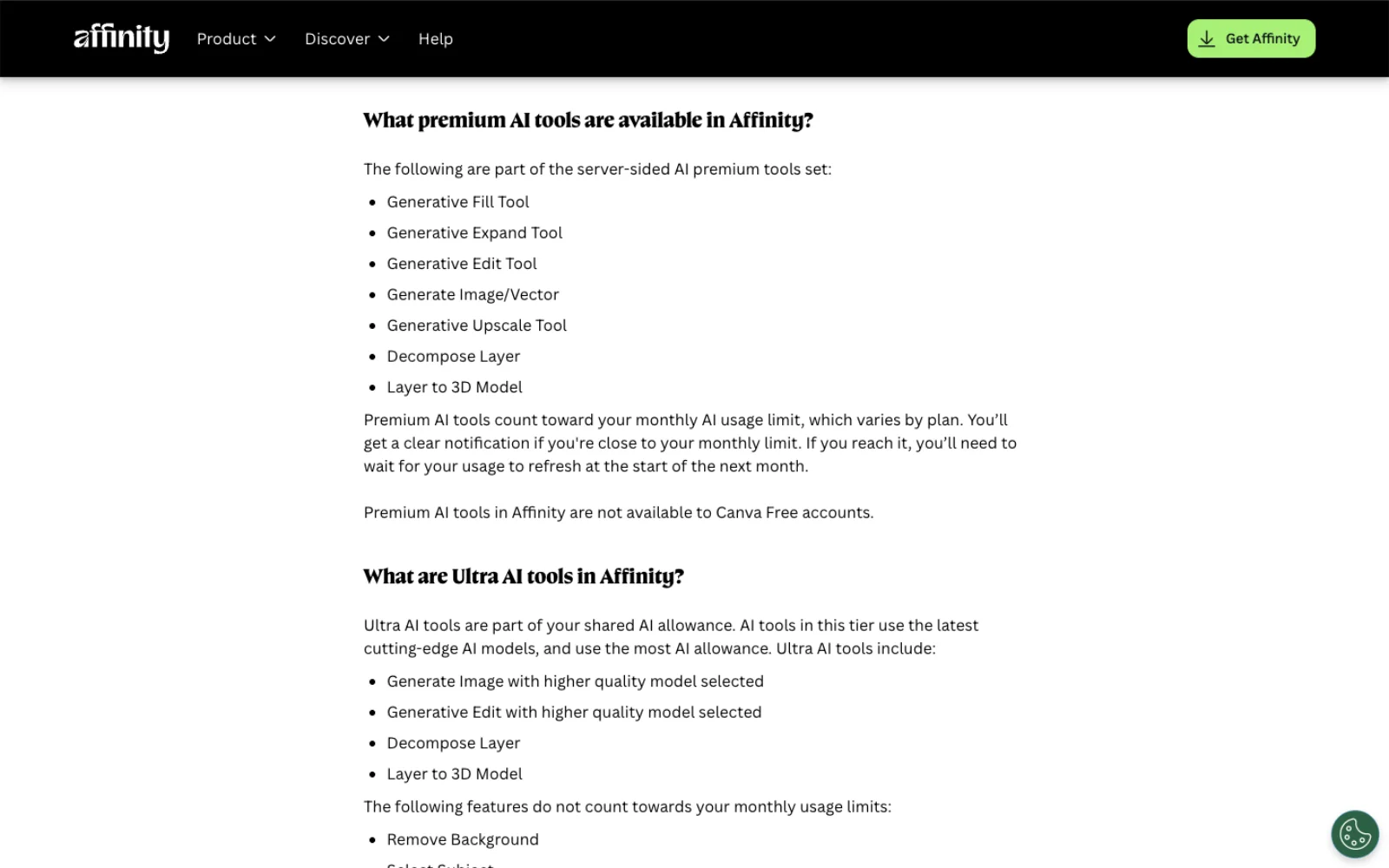 Affinity Help Center page Canva AI and Affinity Machine Learning, section What premium AI tools are available in Affinity, listing Generative Fill Tool, Generative Expand Tool, Generative Edit Tool, Generate Image/Vector, Generative Upscale Tool, Decompose Layer and Layer to 3D Model as server-sided premium tools that count toward the monthly AI usage limit and are not available to Canva Free accounts, then What are Ultra AI tools in Affinity.
