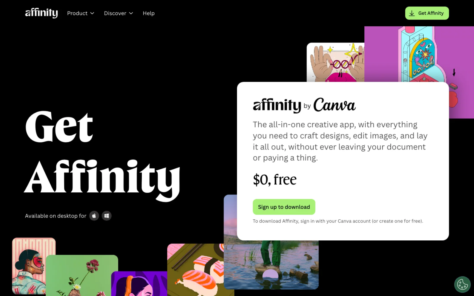 Affinity's Get Affinity page: a card headed Affinity by Canva reads The all-in-one creative app, with everything you need to craft designs, edit images, and lay it all out, without ever leaving your document or paying a thing, then $0, free, a Sign up to download button, and the line To download Affinity, sign in with your Canva account (or create one for free). Available on desktop for Mac and Windows.
