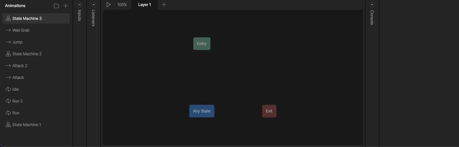 Rive editor state-machine graph with Entry, Any State, and Exit nodes beside animation states