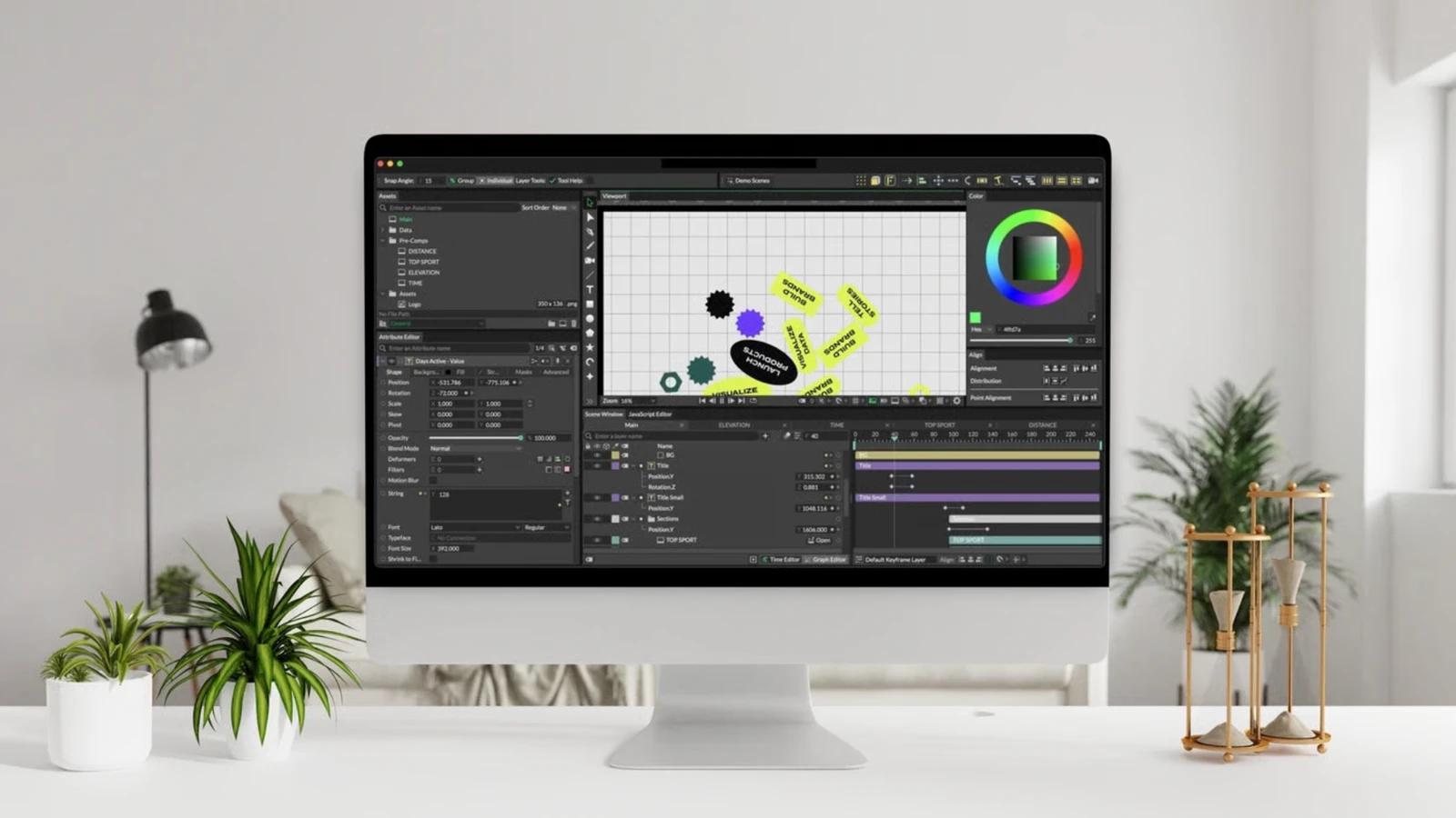 Cavalry interface showing vector artwork, property controls, layers, and an animation timeline
