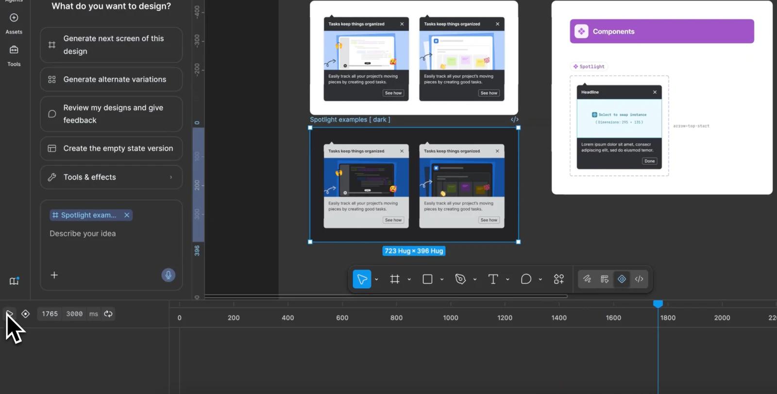 Figma Motion interface with design frames, agent suggestions, and a native animation timeline