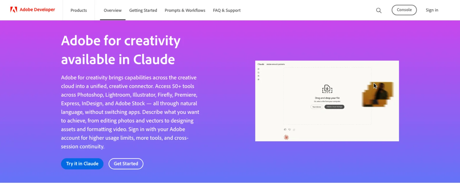 Adobe Developer page titled Adobe for creativity available in Claude, listing 50+ tools across Photoshop, Lightroom, Illustrator, Firefly, Premiere, Express, InDesign and Adobe Stock.