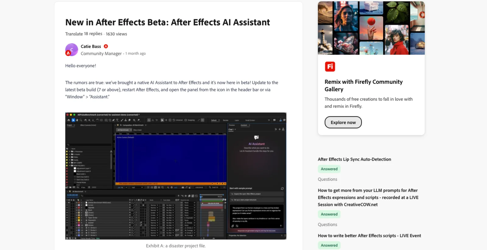 Adobe Community announcement titled New in After Effects Beta: After Effects AI Assistant, with a screenshot of the Assistant panel docked beside a composition and a project labelled as a disaster file.