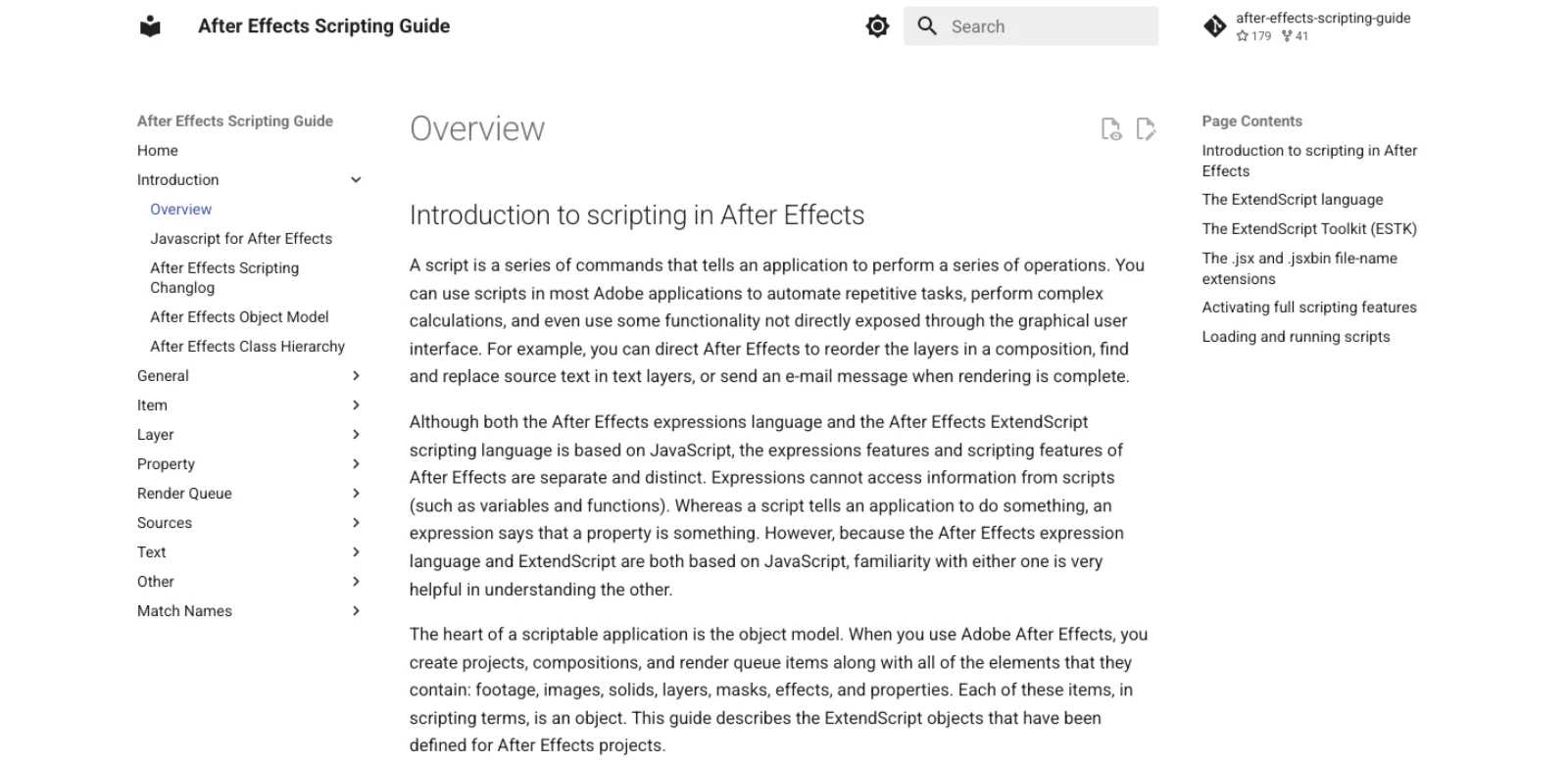 The community After Effects Scripting Guide overview page, explaining that scripts and expressions are both JavaScript but separate systems, and describing the object model of project, items, compositions, layers and render queue items.