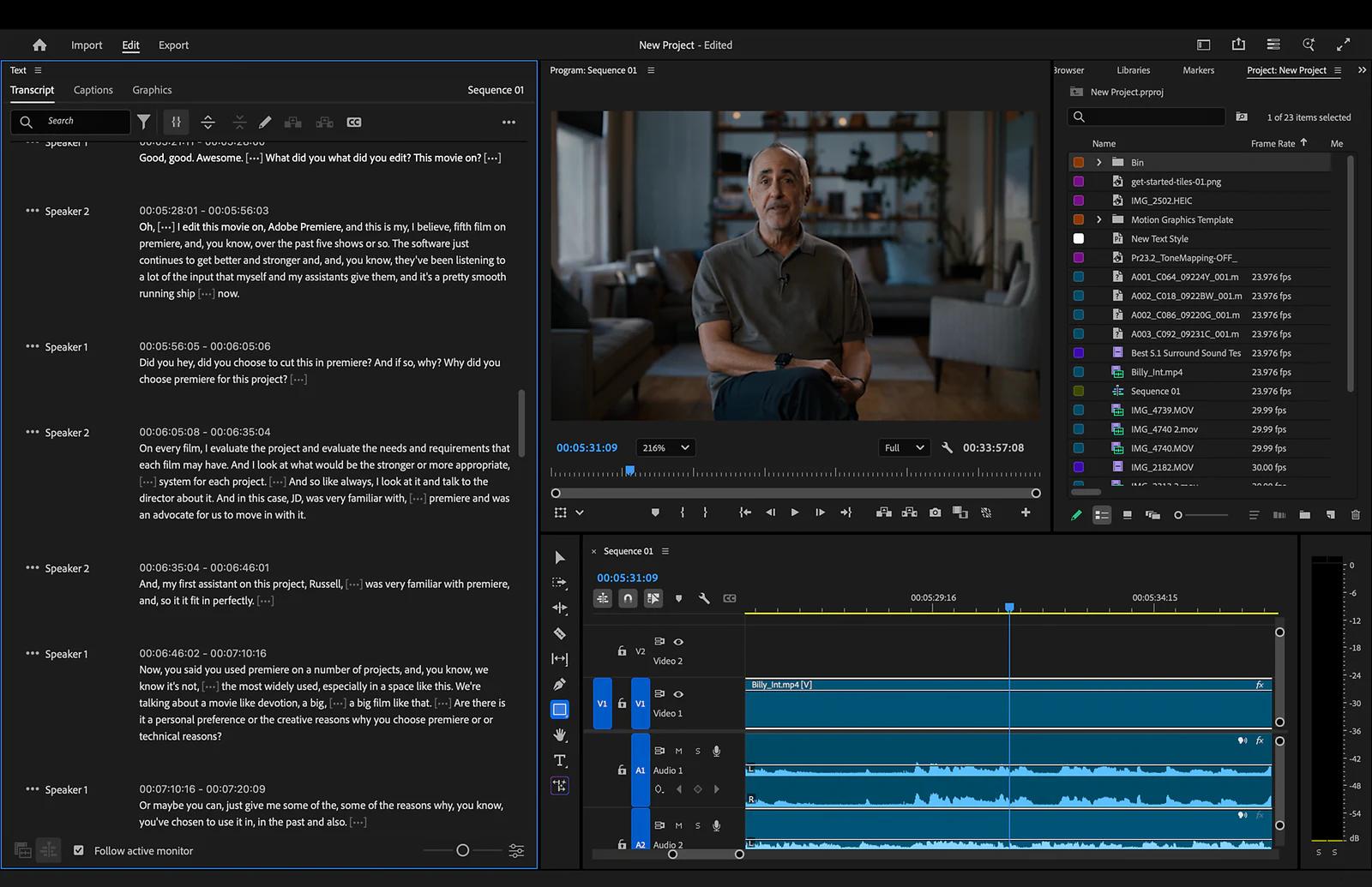 Adobe Premiere workspace with a synchronized transcript, program monitor, project media, and multitrack timeline
