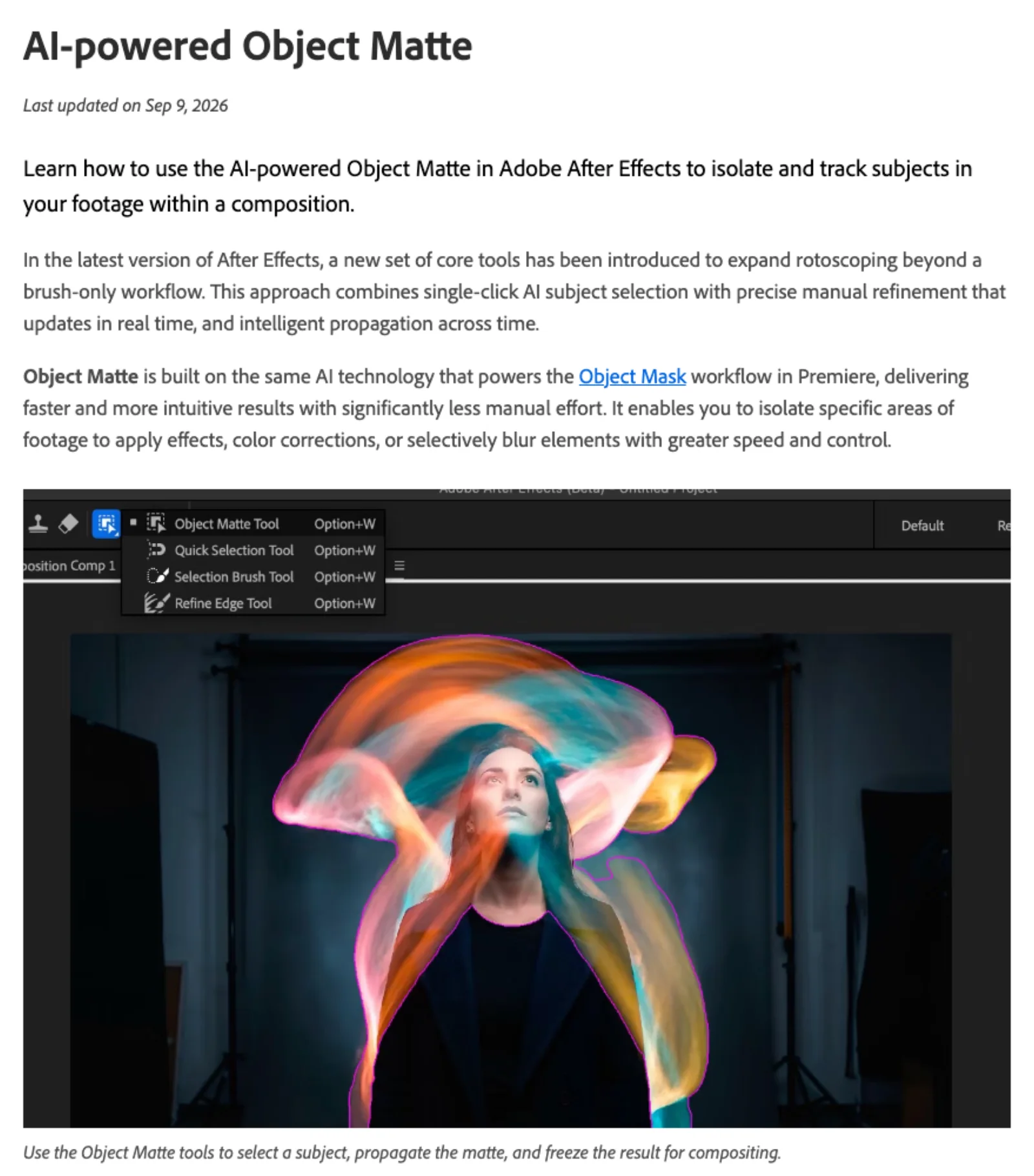 Adobe's help page for AI-powered Object Matte, showing the tool menu with Object Matte, Quick Selection, Selection Brush and Refine Edge tools, and a subject outlined in magenta.