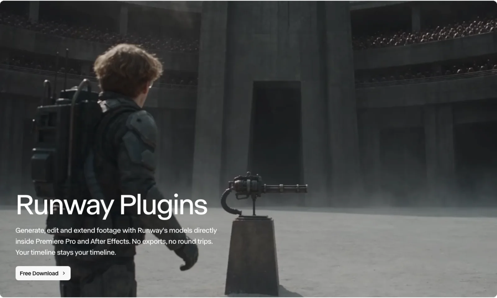 Runway's plugins page: 'Generate, edit and extend footage with Runway's models directly inside Premiere Pro and After Effects. No exports, no round trips.'