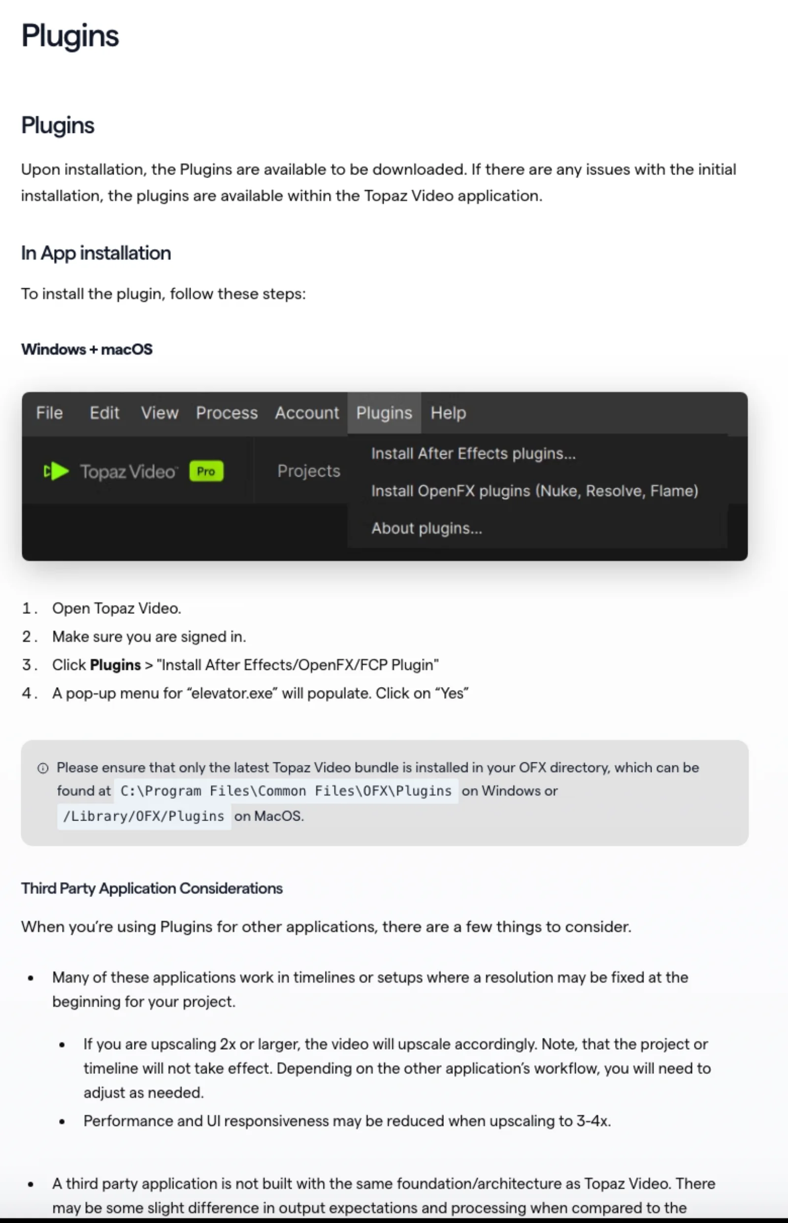 Topaz Video documentation for the After Effects plugin, showing the Plugins menu in the Topaz app and a list of third-party application considerations, including that the project or timeline size will not change when upscaling.
