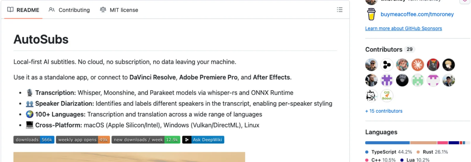 The AutoSubs README on GitHub: local-first AI subtitles with Whisper, Moonshine and Parakeet models, speaker diarization, 100+ languages, MIT licence, 29 contributors.