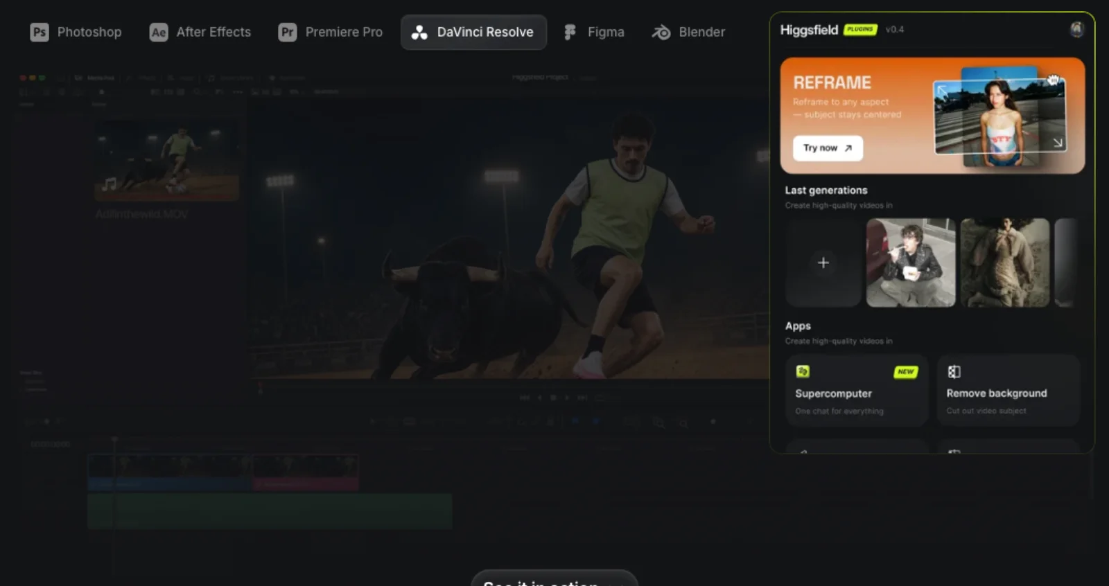 Higgsfield's plugin page showing the panel docked inside DaVinci Resolve with Reframe, recent generations and Remove Background tools.