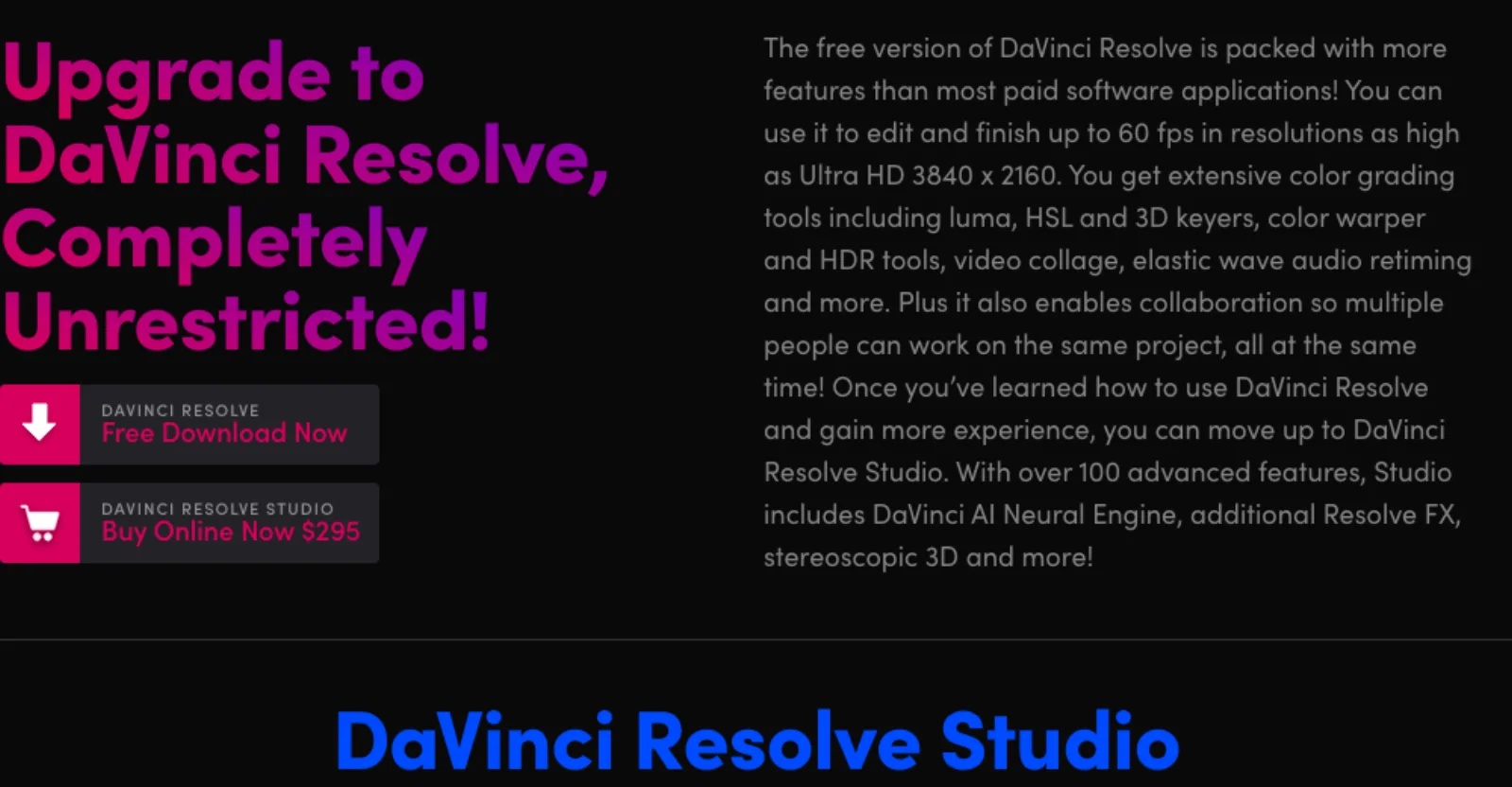 Blackmagic's Studio page: the free edition finishes up to 60 fps at Ultra HD; Studio adds the DaVinci AI Neural Engine, additional Resolve FX and stereoscopic 3D for $295.