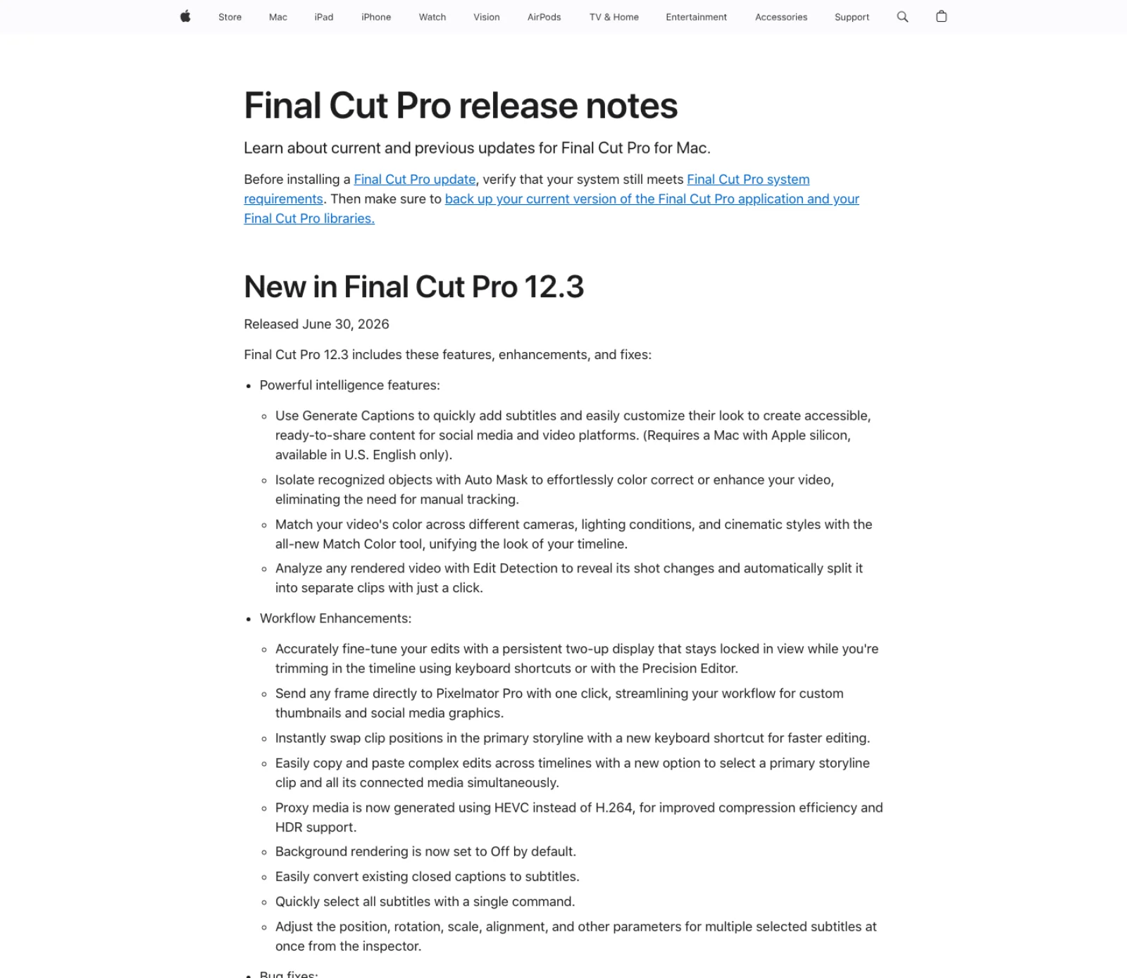 Apple's Final Cut Pro release notes page for version 12.3, released 30 June 2026, listing Generate Captions, Auto Mask, Match Color and Edit Detection under intelligence features.