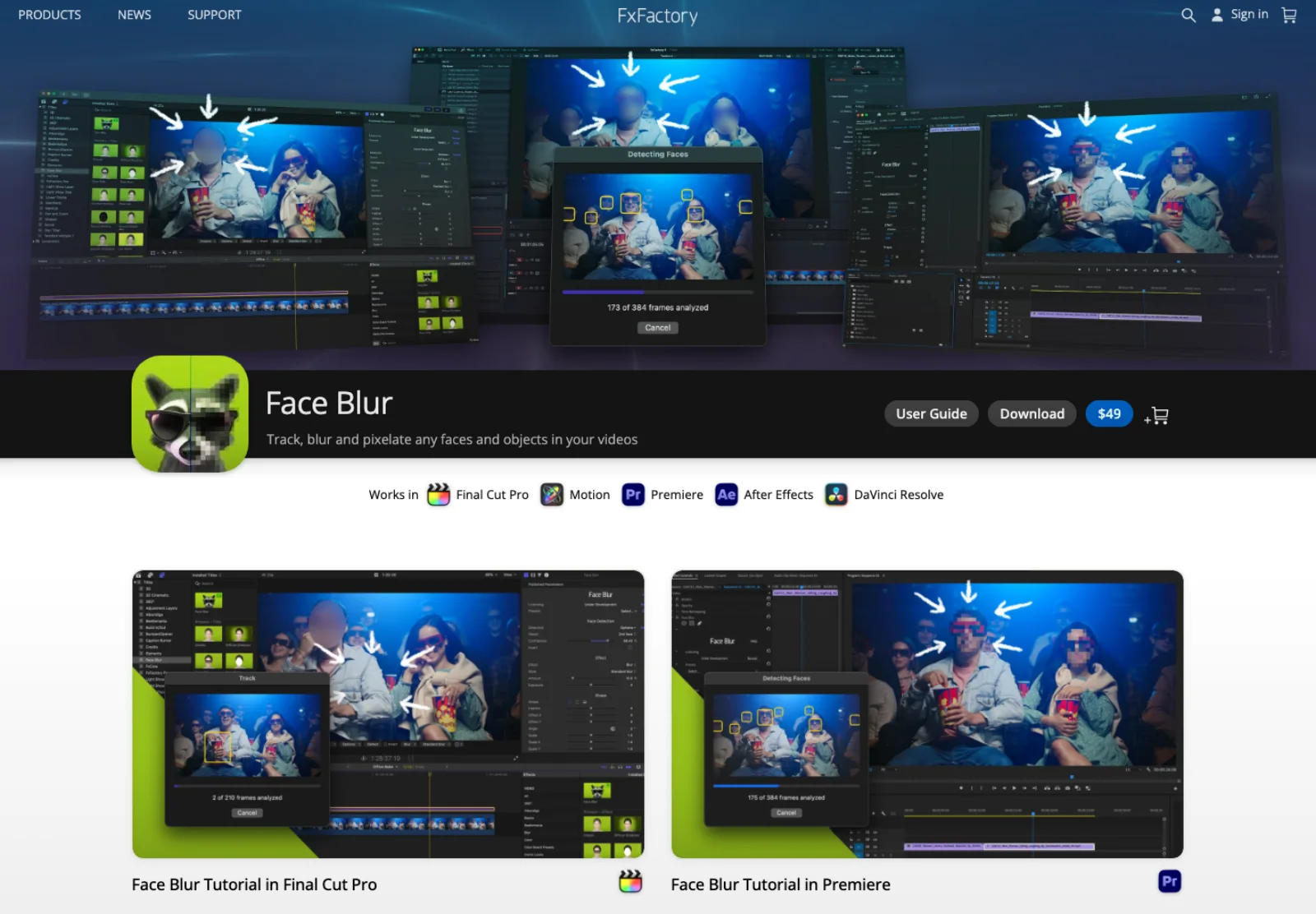 FxFactory's Face Blur product page: a raccoon icon, the price of $49, host badges for Final Cut Pro, Motion, Premiere, After Effects and DaVinci Resolve, and tutorial thumbnails showing a detecting-faces progress window over a crowd.