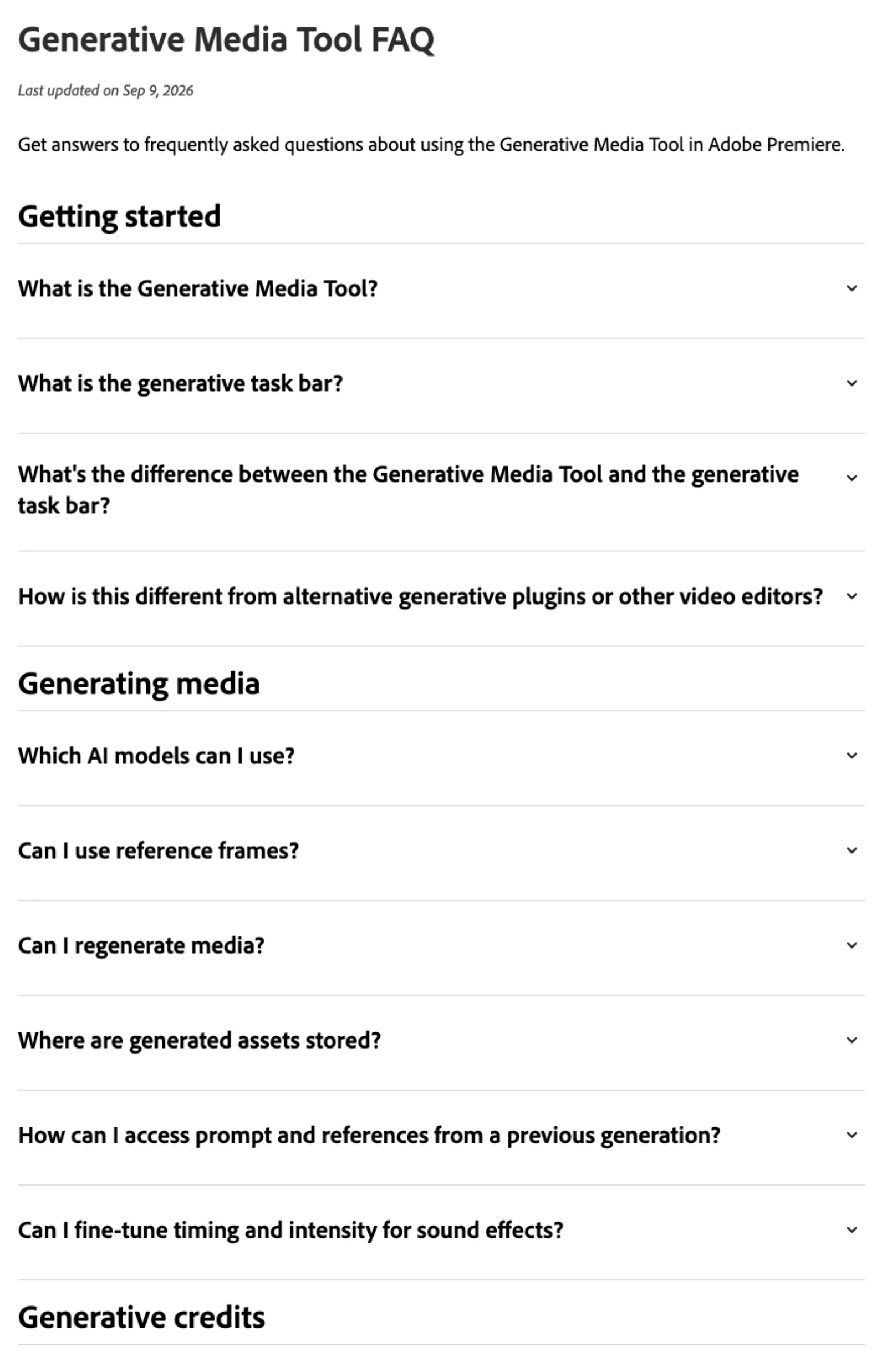 Adobe's Generative Media Tool FAQ page, last updated 9 September 2026, with sections on getting started, generating media, reference frames, regeneration, asset storage and generative credits.