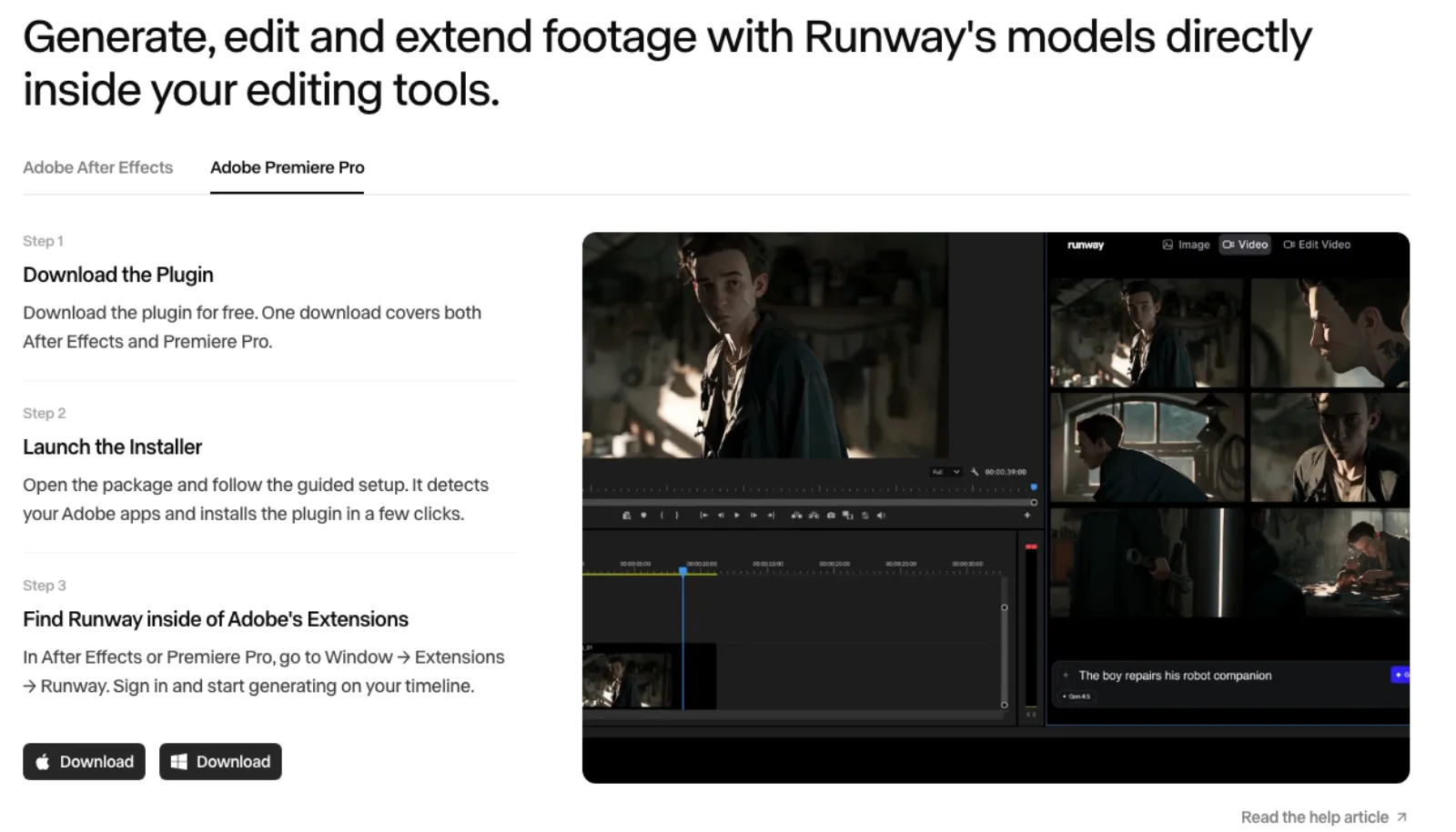 Runway's Premiere Pro plugin page: three install steps ending at Window, Extensions, Runway, next to a mock-up of the panel docked beside a Premiere timeline with generated variations and a prompt field.