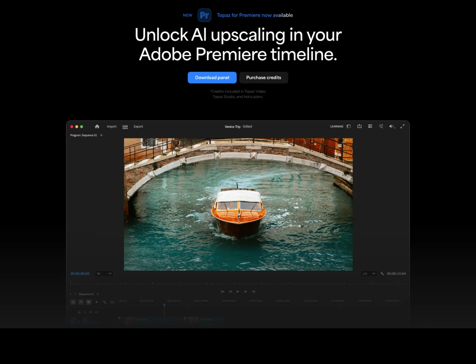 Topaz Labs' Premiere panel page: the headline promises AI upscaling in the Premiere timeline, with Download panel and Purchase credits buttons and a note that credits are included in Topaz Video, Studio and Astra plans.