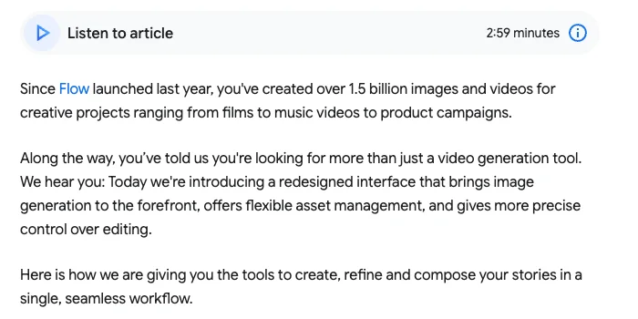 Google Flow announcement excerpt with its statement about over 1.5 billion images and videos created