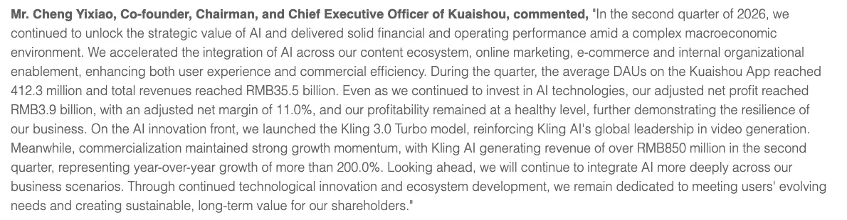 Kuaishou earnings commentary reporting Kling AI revenue over RMB850 million in the second quarter of 2026 and growth over 200% year over year