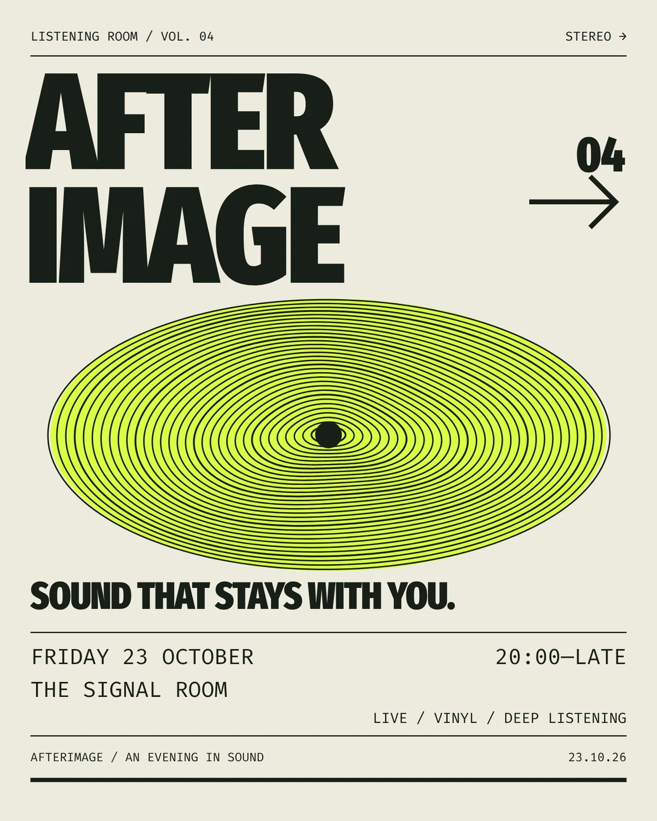 Original AFTERIMAGE poster: large dark lettering, a lime orbital graphic and event information on warm paper