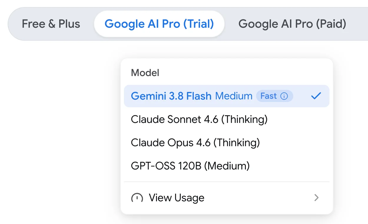 Antigravity's model menu as documented for a Google AI Pro trial on 20 October 2026: Gemini 3.8 Flash, Claude Sonnet 4.6 (Thinking), Claude Opus 4.6 (Thinking) and GPT-OSS 120B, with no Claude 5.5 or Gemini 4 Argon.