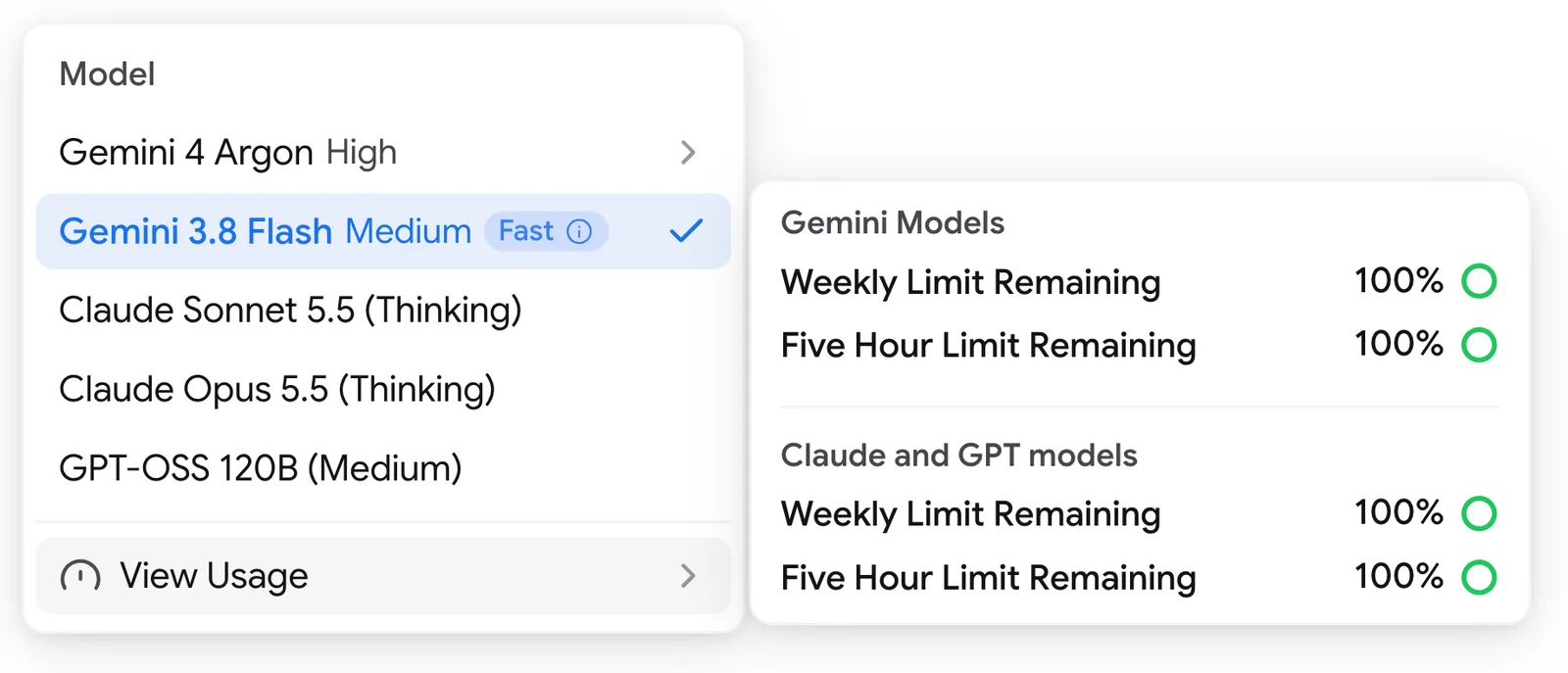 The example model menu for a paid Google AI Pro plan in Antigravity's documentation on 20 October 2026, listing Gemini 4 Argon, Gemini 3.8 Flash, Claude Sonnet 5.5 (Thinking), Claude Opus 5.5 (Thinking) and GPT-OSS 120B, beside a usage panel with separate weekly and five-hour limits for Gemini models and for Claude and GPT models.