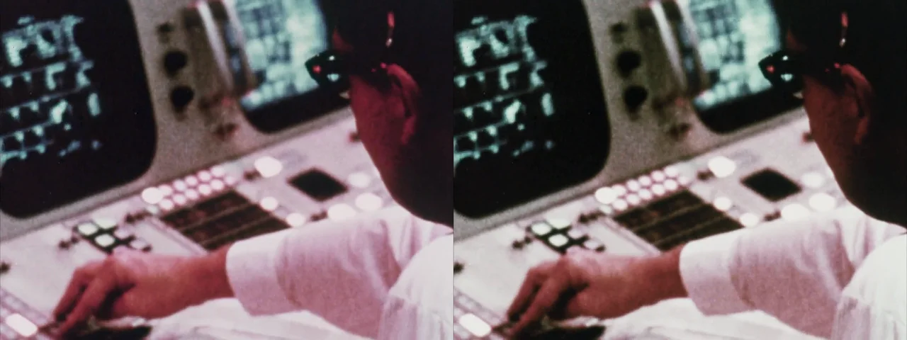 The same console frame before grading on the left and after reducing its magenta cast on the right.