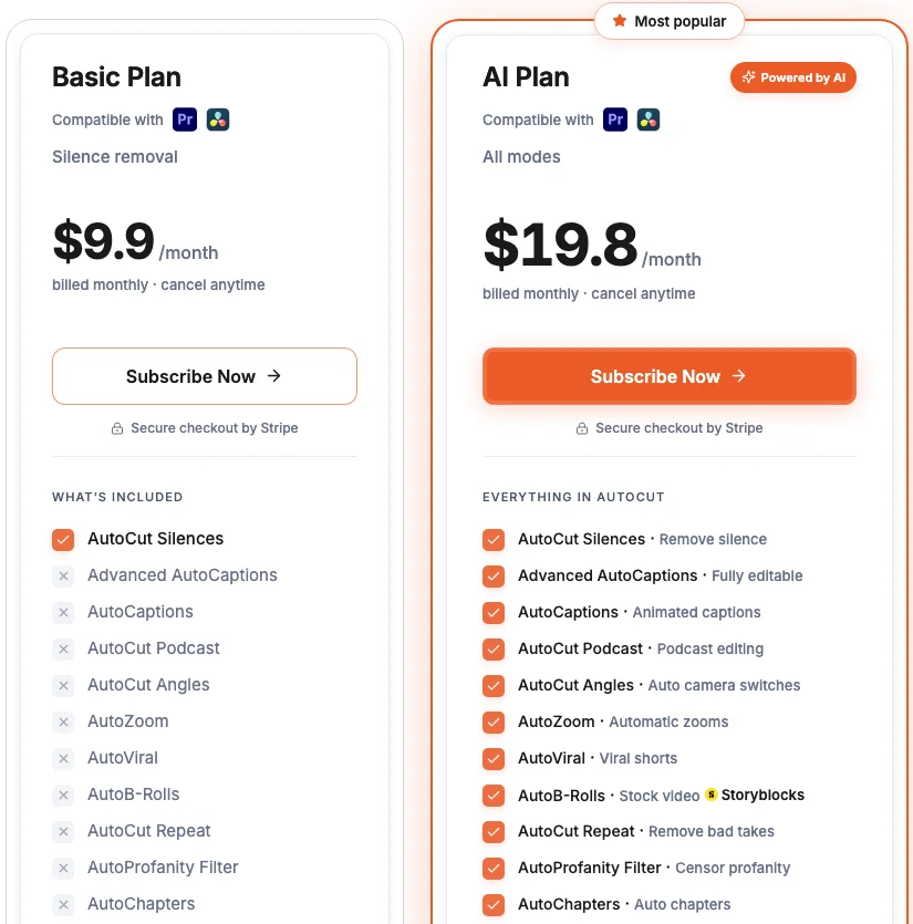 AutoCut monthly pricing showing the AI plan at $19.80 and Basic at $9.90, with their included tools.