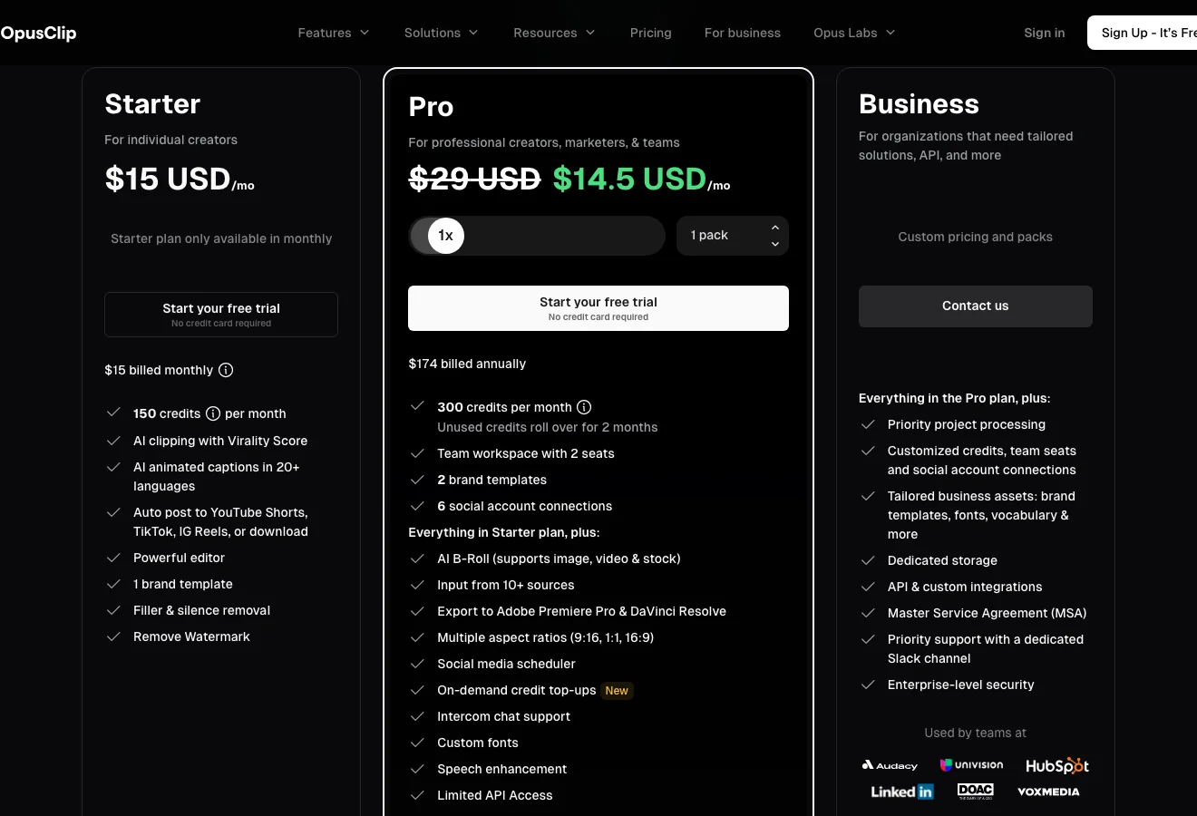 OpusClip plan cards showing Starter and Pro, with export to Adobe Premiere Pro and DaVinci Resolve listed under Pro.