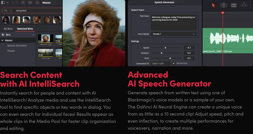 Blackmagic's Resolve 21 feature page describing IntelliSearch for finding people, objects and dialogue, alongside its Speech Generator feature.