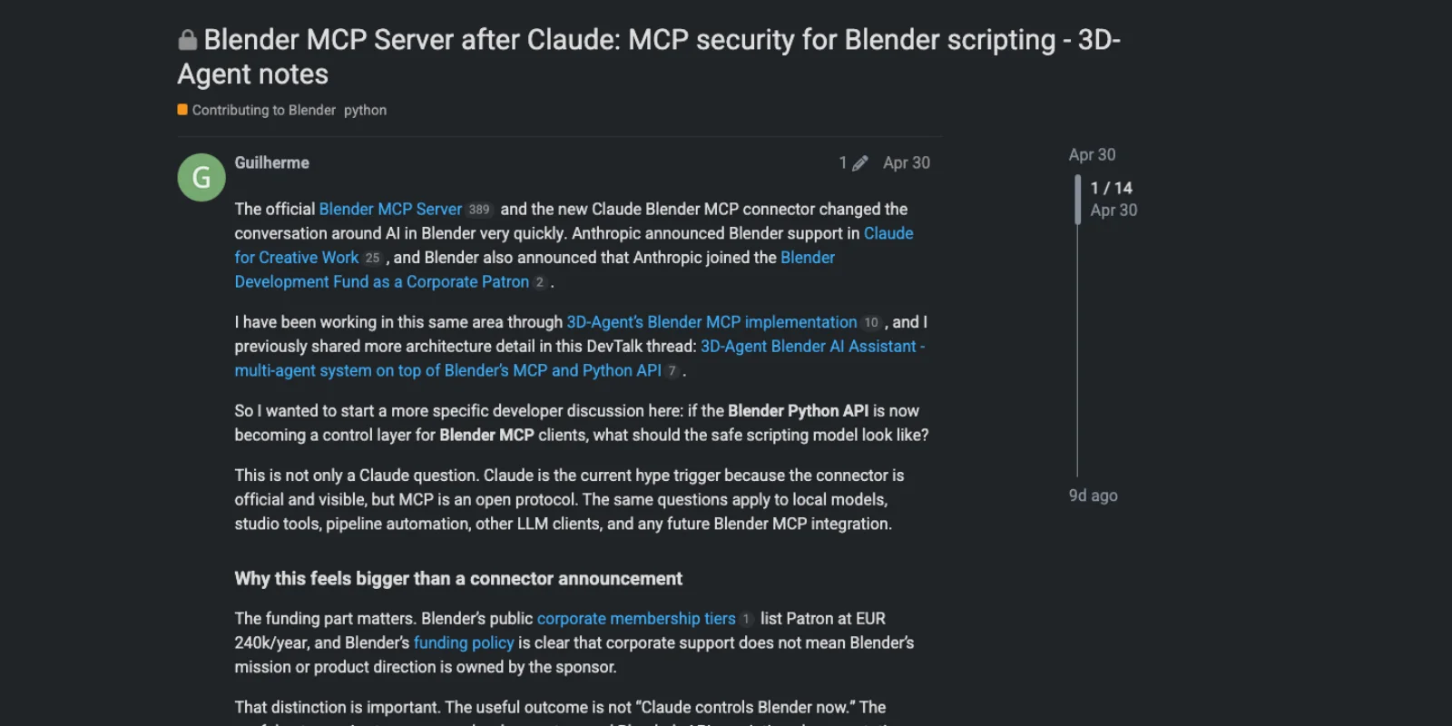 The Blender developer forum thread Blender MCP Server after Claude: MCP security for Blender scripting, opened by Guilherme on 30 April 2026, asking what the safe scripting model should look like if the Blender Python API becomes a control layer for MCP clients.