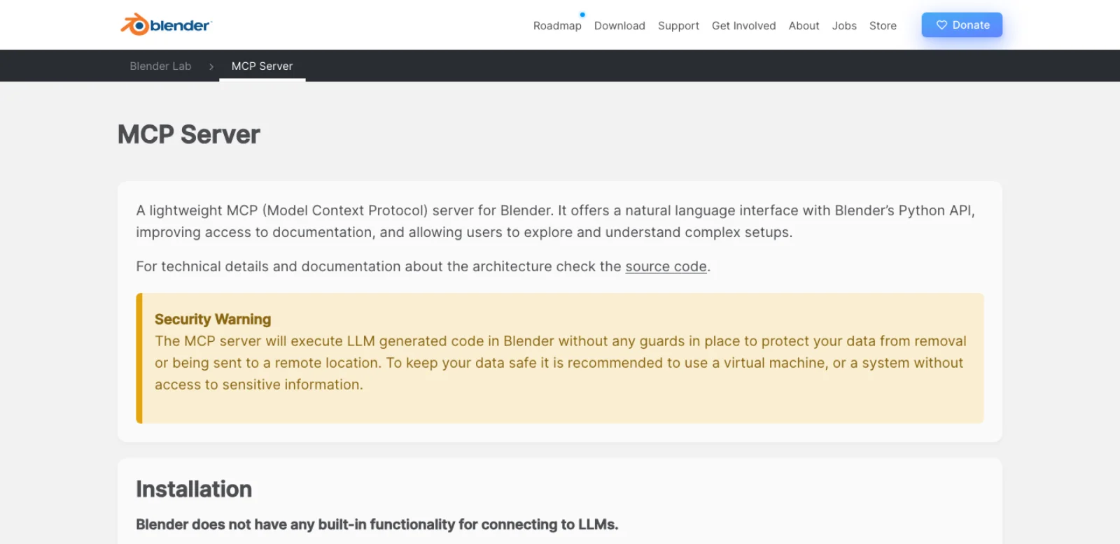The Blender Lab MCP Server page on blender.org: a one-paragraph description, a yellow security warning that the server executes LLM generated code without guards, and an installation section listing Blender 5.1 or newer, an add-on, an LLM client and the MCP server.