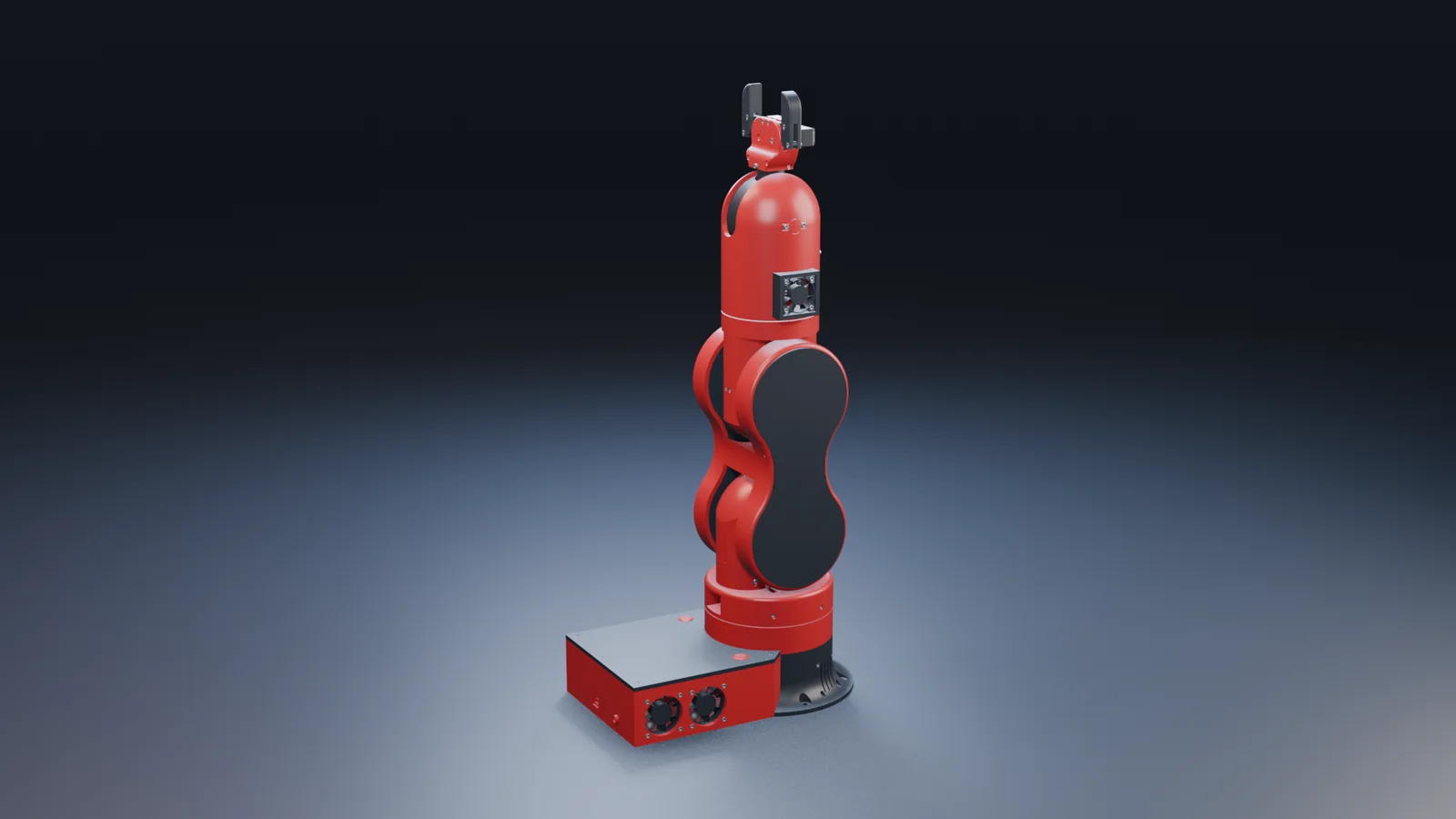 The assembled red and black robot arm stands upright on its base in a plain dark studio.
