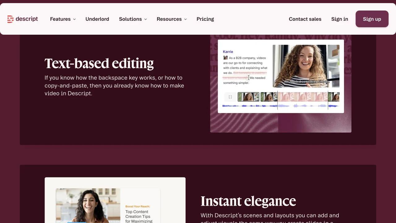 Descript product page showing transcript text beside a video preview, captions, audio waveform, and clip timeline