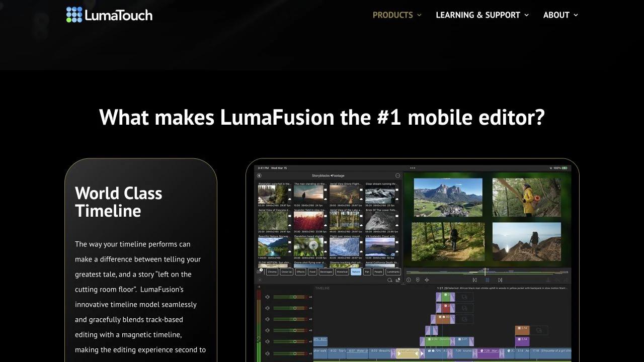 LumaFusion product page showing its tablet editing workspace with media browser, preview monitor, audio controls, and multitrack timeline