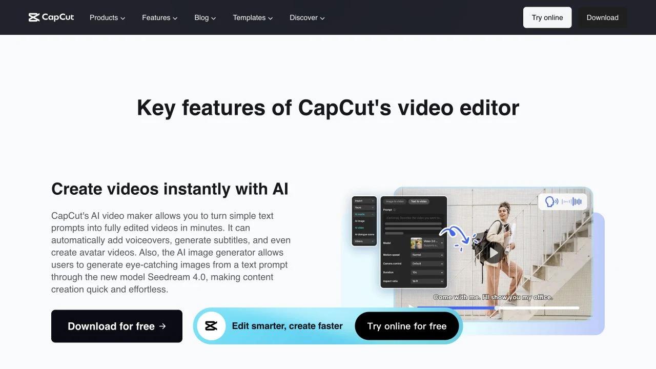 CapCut product page showing its video editor feature panel with AI video controls and a captioned vertical-video preview