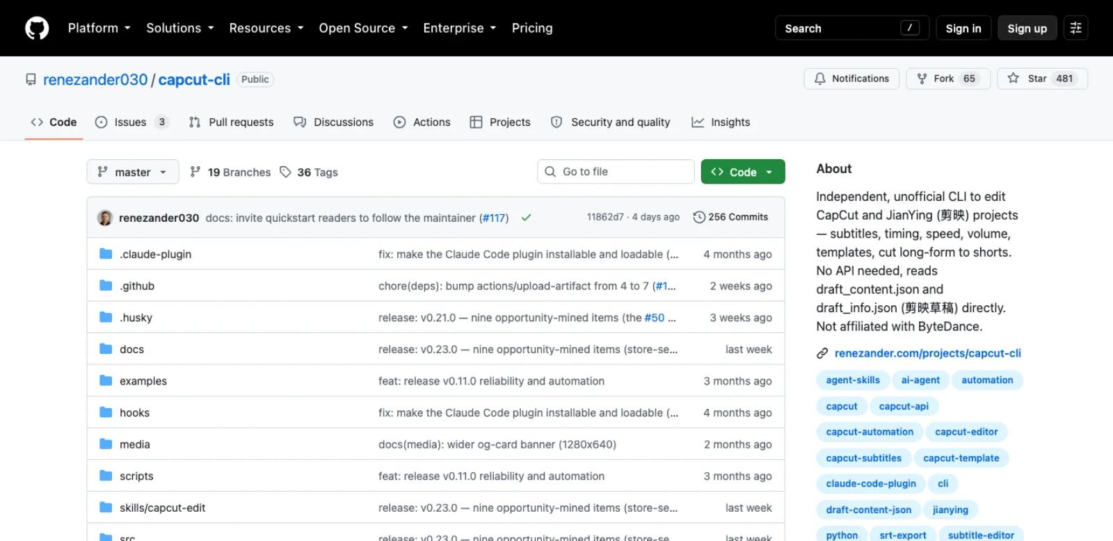 The renezander030/capcut-cli repository on GitHub: 481 stars, 65 forks, 256 commits, 36 tags, MIT licence, folders for a Claude Code plugin, docs, examples, hooks and a skills/capcut-edit directory, last commit four days ago.