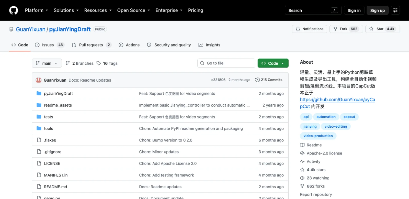 The GuanYixuan/pyJianYingDraft repository on GitHub: 4.4k stars, 662 forks, 215 commits, Apache-2.0 licence, 46 open issues, last commit two months ago, with a note that the CapCut version is developed in the pyCapCut repository.