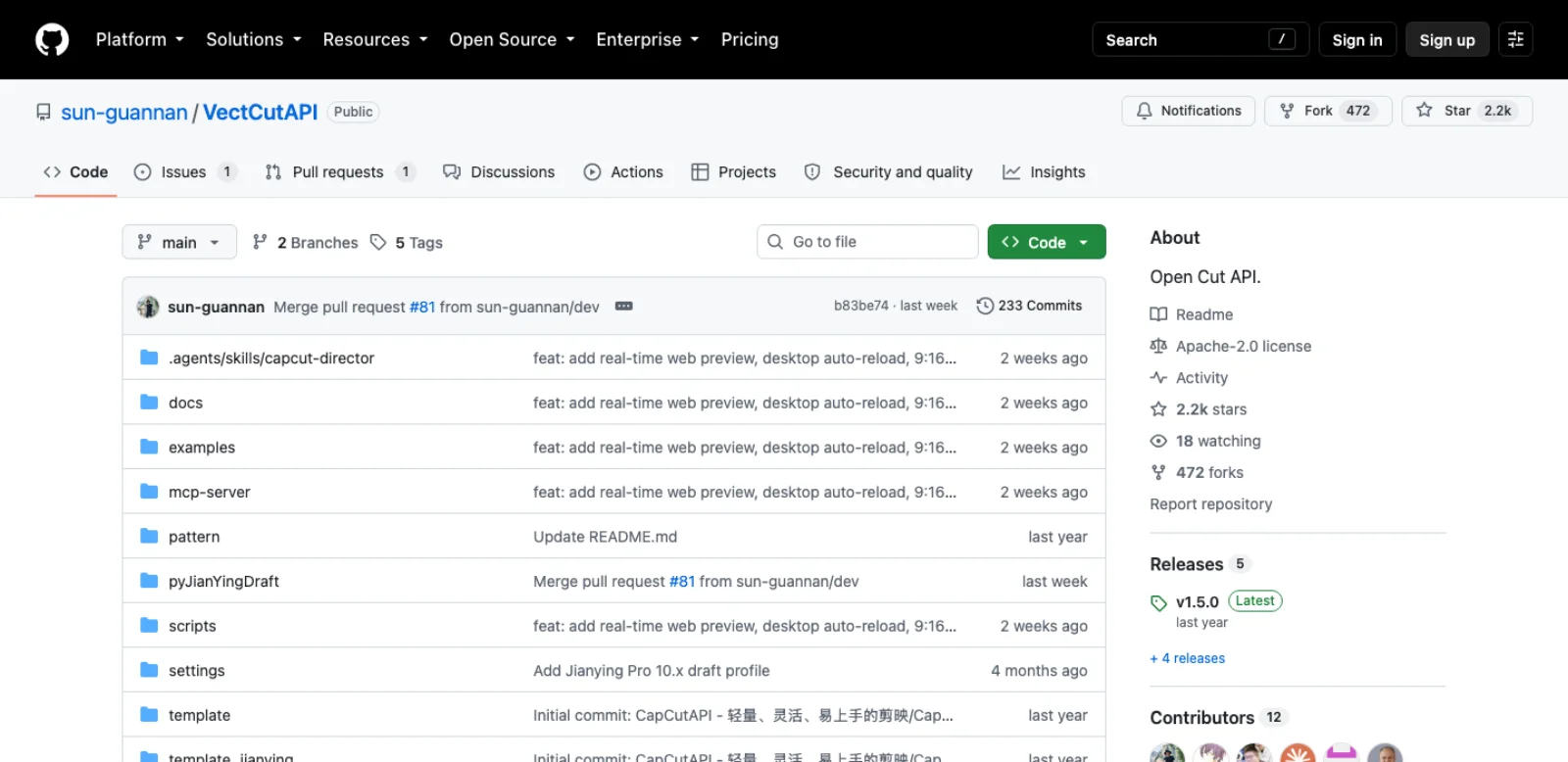 The sun-guannan/VectCutAPI repository on GitHub: 2.2k stars, 472 forks, 233 commits, Apache-2.0, folders for an mcp-server, a vendored pyJianYingDraft, template, template_jianying and template_jianying_10_2 directories, 12 contributors and a latest release of v1.5.0 from last year.