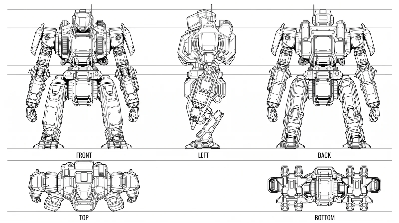 Black-and-white mech character sheet with front, left, back, top and bottom views