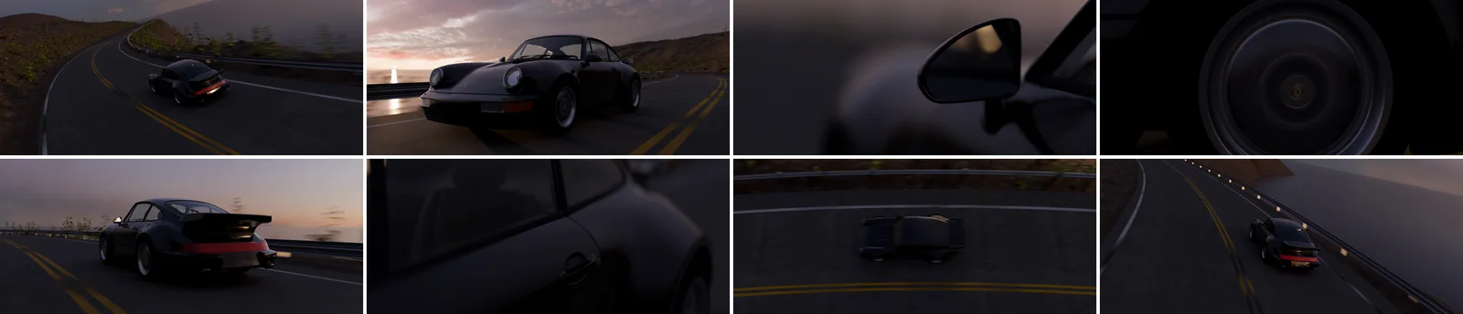 Eight frames from the finished film in order: an FPV view from behind, a front three-quarter crane shot, a mirror close-up, a wheel close-up, a rear pursuit, a door close-up, an overhead roof pass and a departing FPV view.