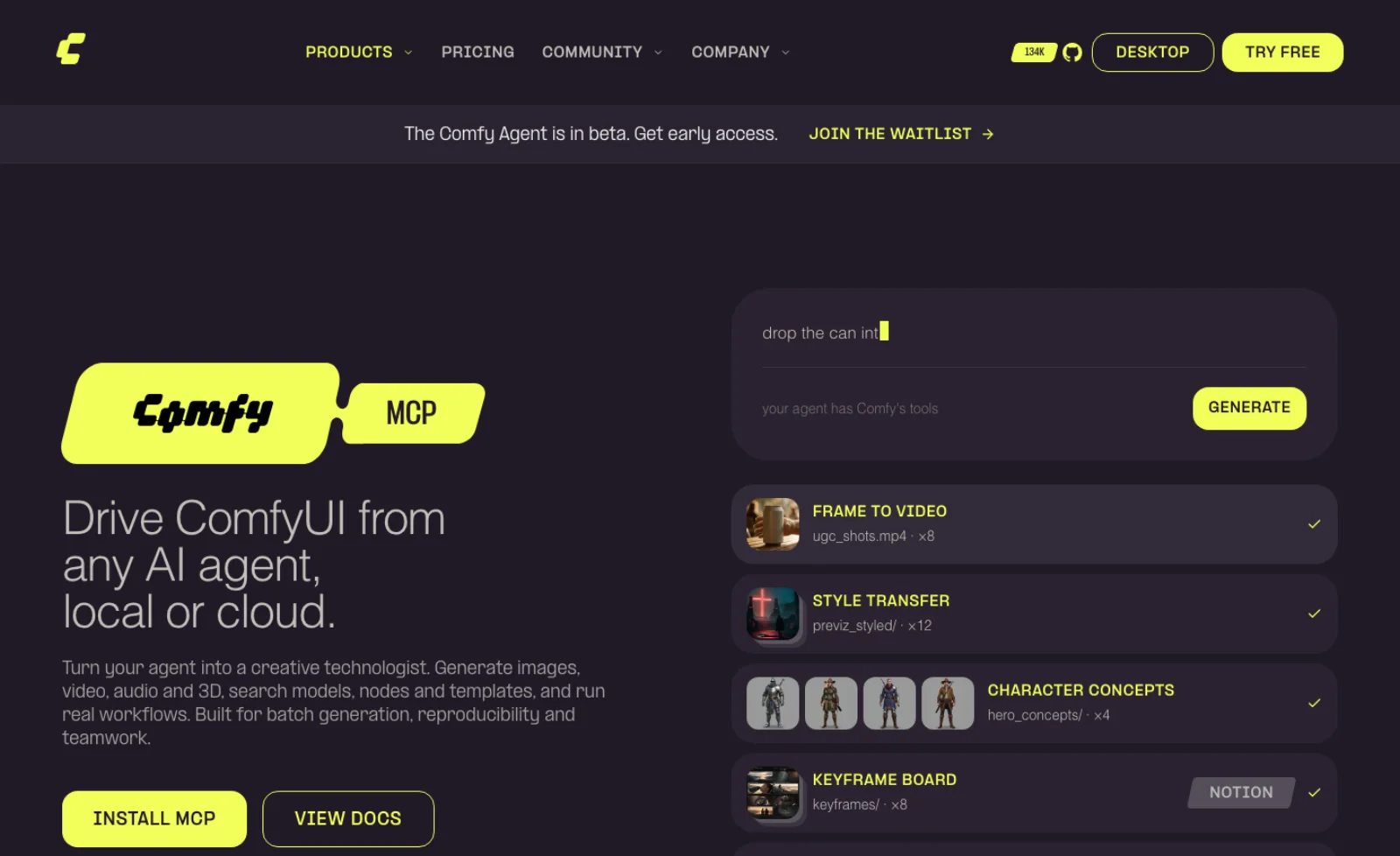 The comfy.org/mcp landing page: a banner reading The Comfy Agent is in beta, get early access, join the waitlist; the headline Drive ComfyUI from any AI agent, local or cloud; and a mock chat showing frame-to-video, style transfer, character concepts and keyframe board jobs.